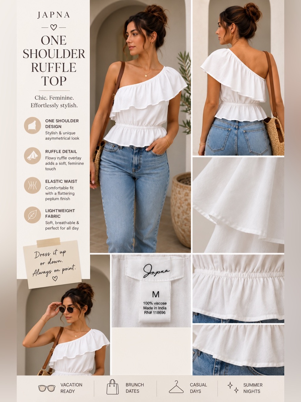 🌙✨Japna White One-Shoulder Ruffle Top - Picture 3 of 14